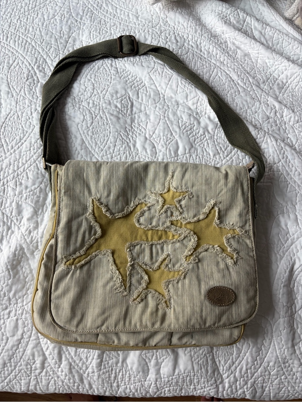 Neutral Canvas Crossbody Bag with Mustard Star Appliqués